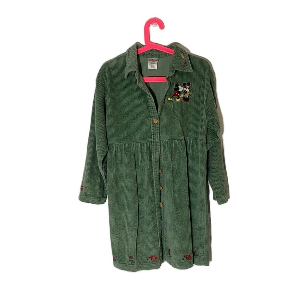Vintage green corduroy Disney Mickey & Minnie Shirt dress 100% cotton Small S